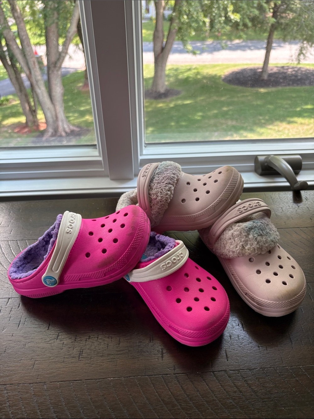 CROCS Kids Plush-Lined Clogs in Hot Pink and Light Pink